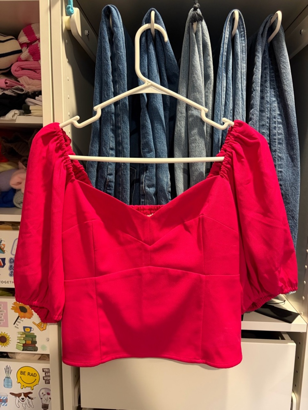 Abercrombie & Fitch Bright Pink Off-Shoulder Puff Sleeve Crop Top